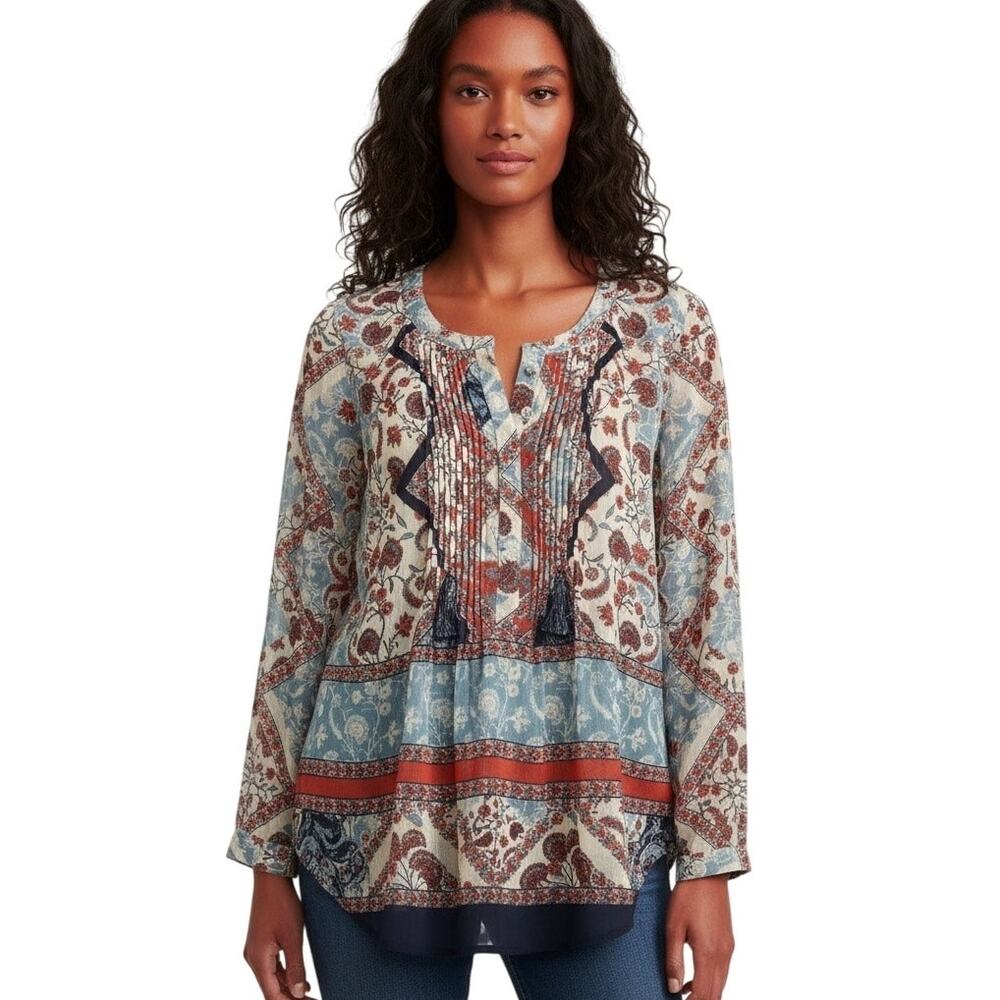 Daniel Rainn Stitch Fix XS Paisley Floral Top Boho Hippie Long Roll Tab Sleeve